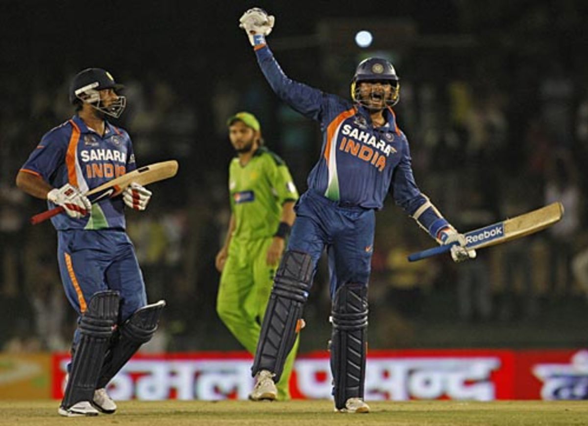Harbhajan Singh celebrates after hitting the winning six against Pakistan in the 2010 Asia Cup