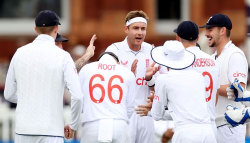 Stuart Broad celebrates Alex Carey's wicket on Day 2 at Lord's. (Credits: Getty)