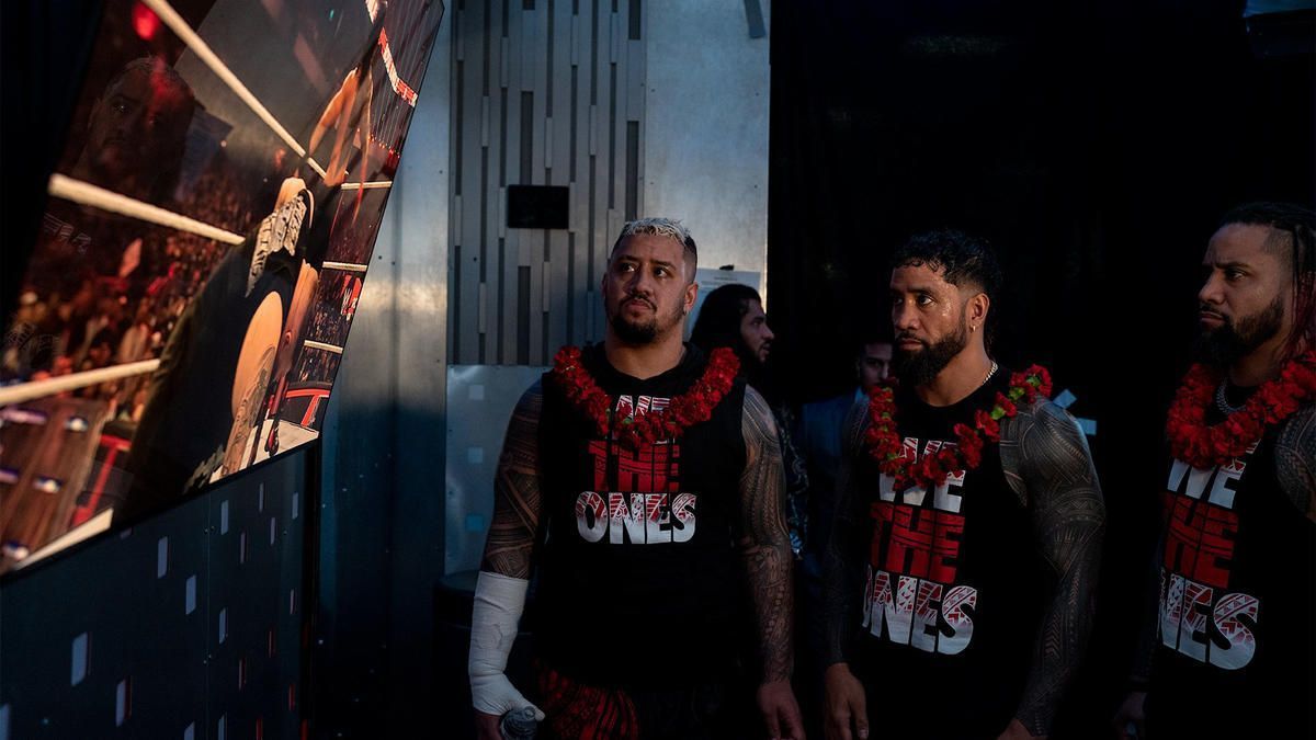 Solo Sikoa (left), Jey Uso (center), Jimmy Uso (right)