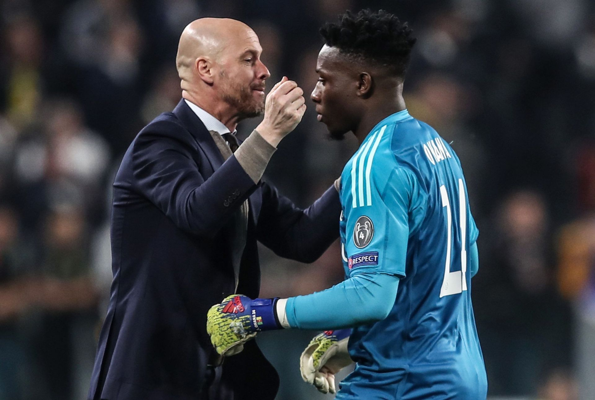 Andre Onana and Erik ten Hag celebrating a Champions League win at Ajax