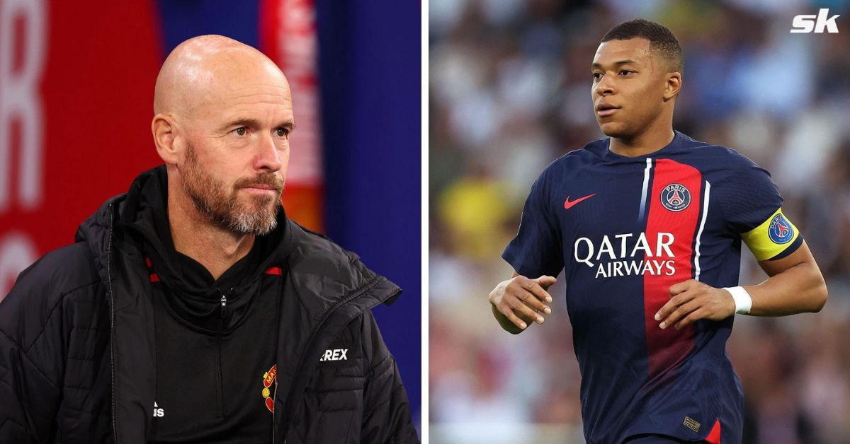 [L-to-R] Erik ten Hag and Kylian Mbappe.