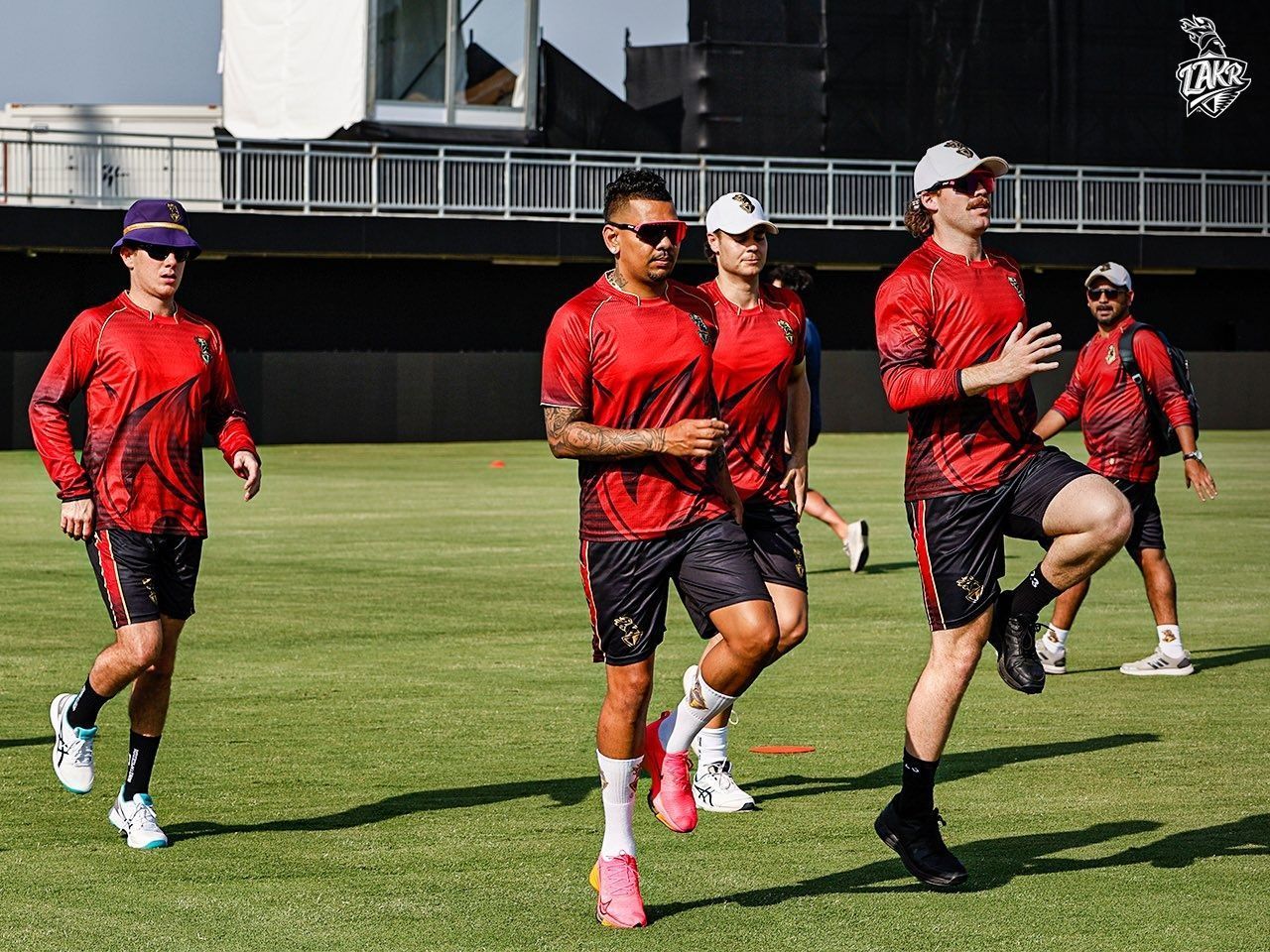 Skipper Sunil Narine warming up with some Los Angeles Knight Riders teammates. (Pic: @LA_KnightRiders/ Twitter)