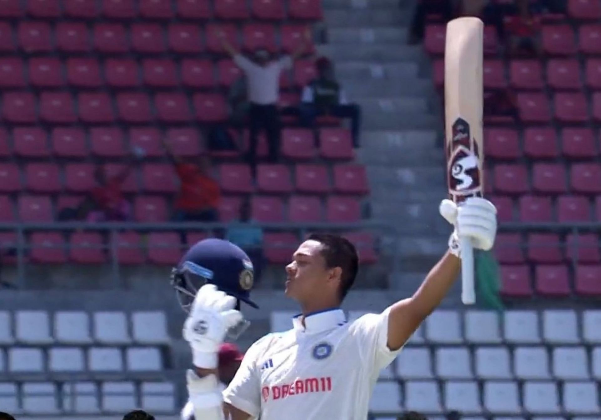  Yashasvi Jaiswal celebrating his maiden Test century.