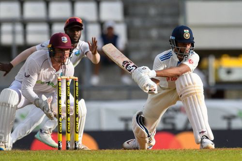 Yashasvi Jaiswal reverse swept Jomel Warrican for a boundary in the last over of the first day's play. [P/C: BCCI]