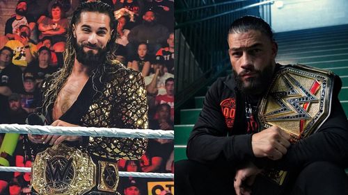 Seth Rollins and Roman Reigns with their respective titles