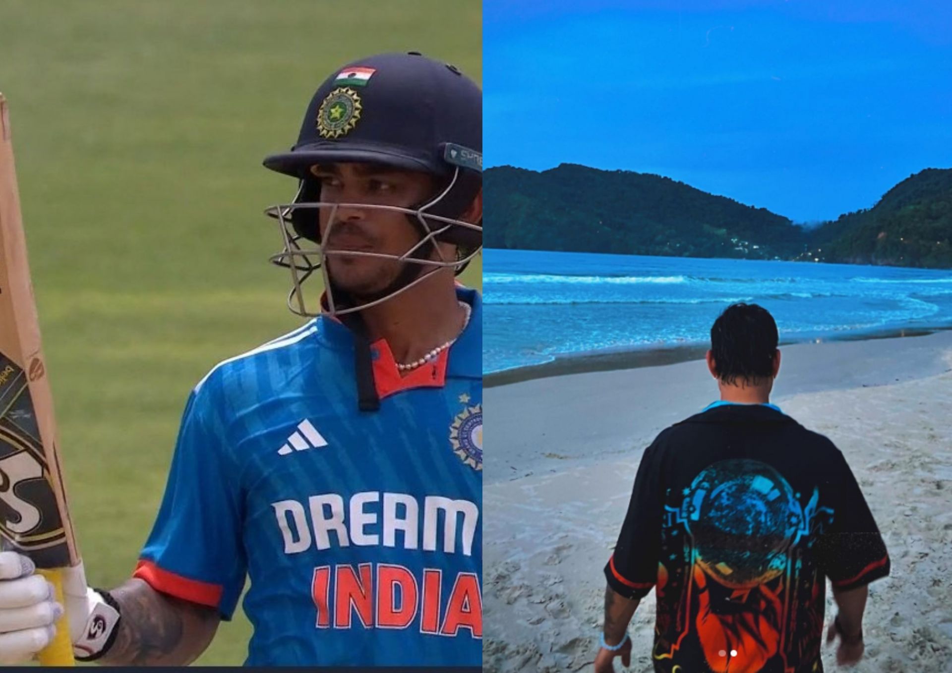 Ishan Kishan poses near a beach in the Caribbean Islands. 