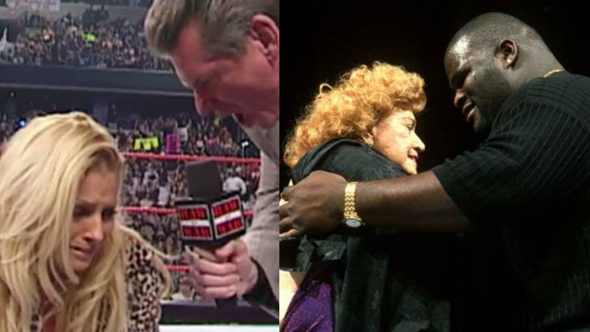 Trish Stratus and Vince McMahon (L); Mark Henry and Mae Young (R).