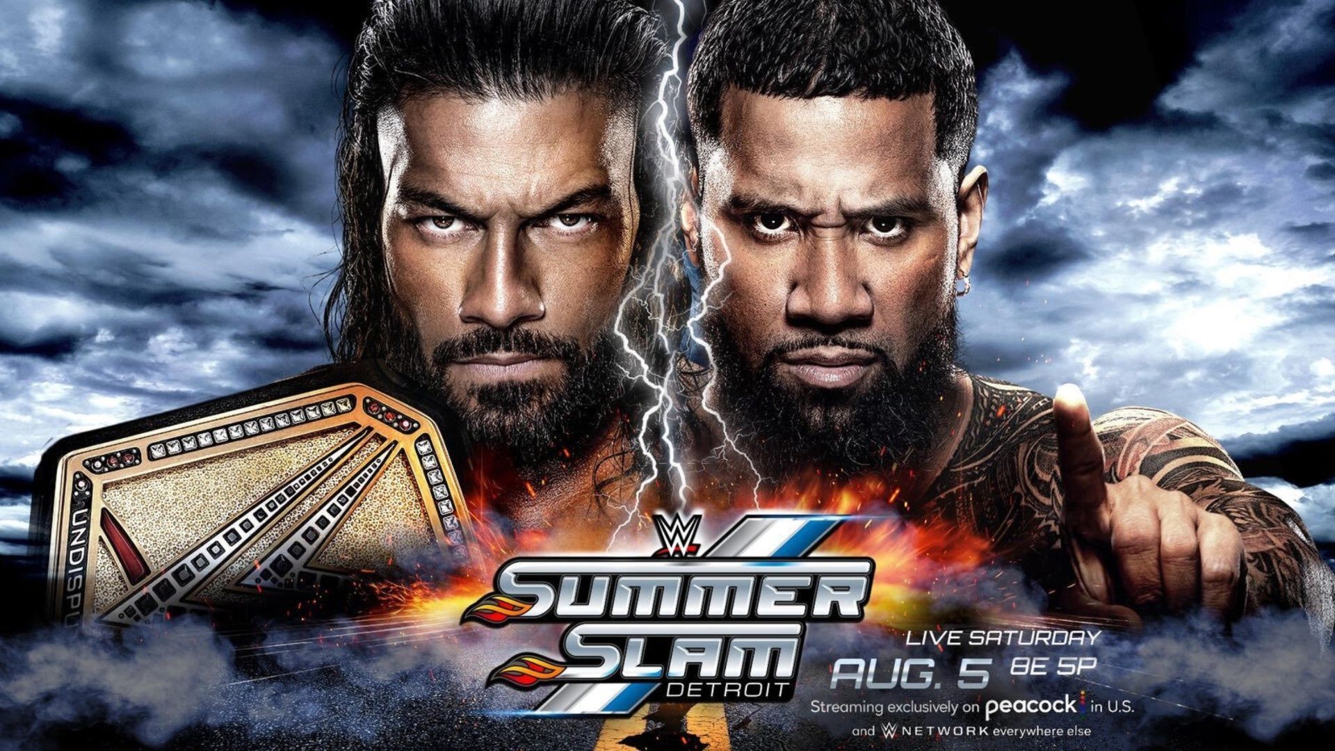 Official poster for Roman Reigns vs. Jey Uso at SummerSlam 2023.