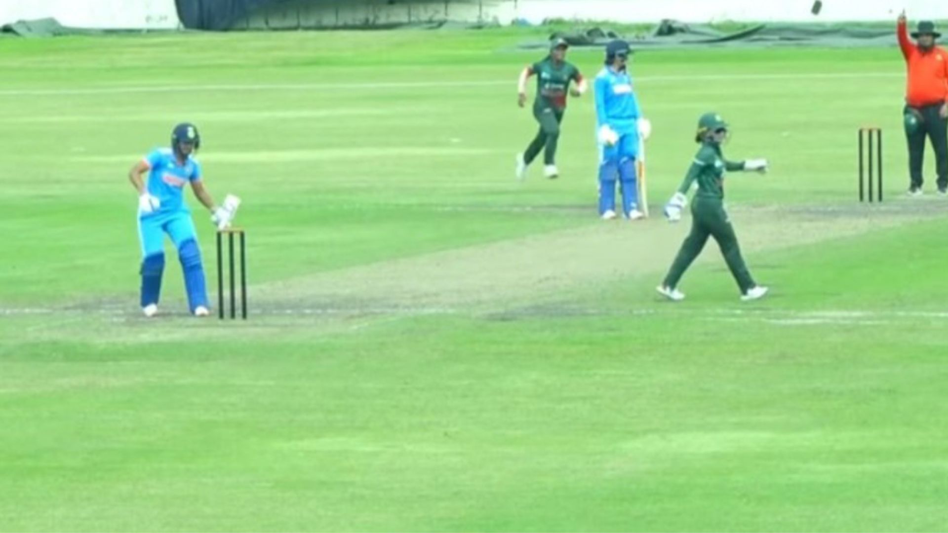 Harmanpreet Kaur smashes the stumps with her bat after being given out during the 3rd ODI against Bangladesh. 