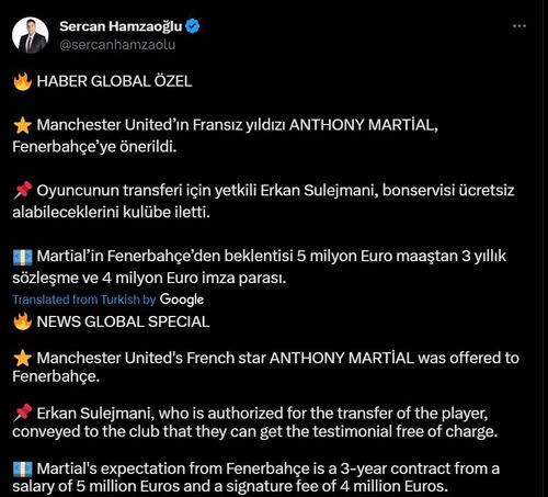 Sercan Hamzaoglu's post regarding Anthony Martial's future