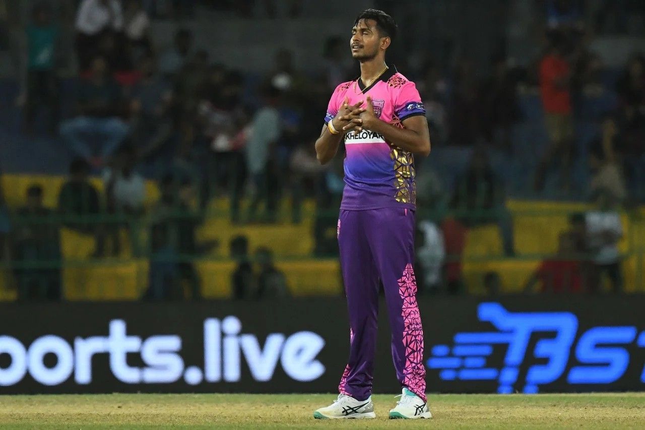 Matheesha Pathirana doing his usual celebration after a wicket at the LPL.[Getty]