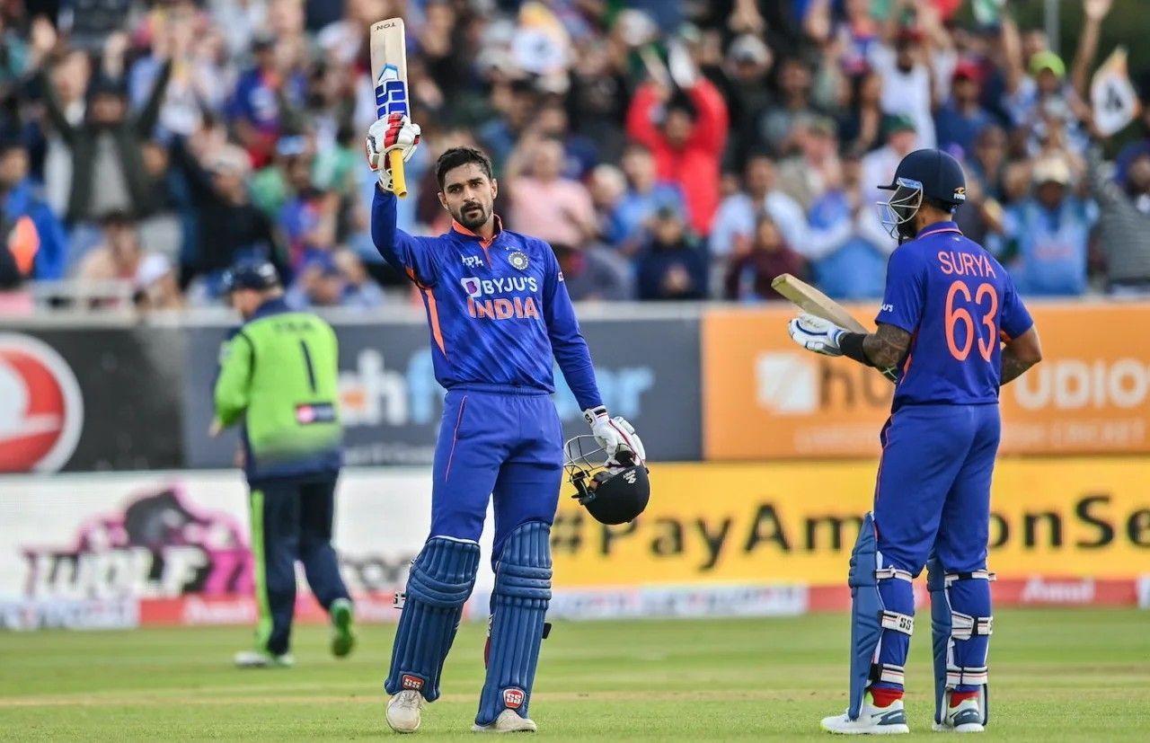 Deepak Hooda raising his bat after a hundred vs Ireland [Getty Images]