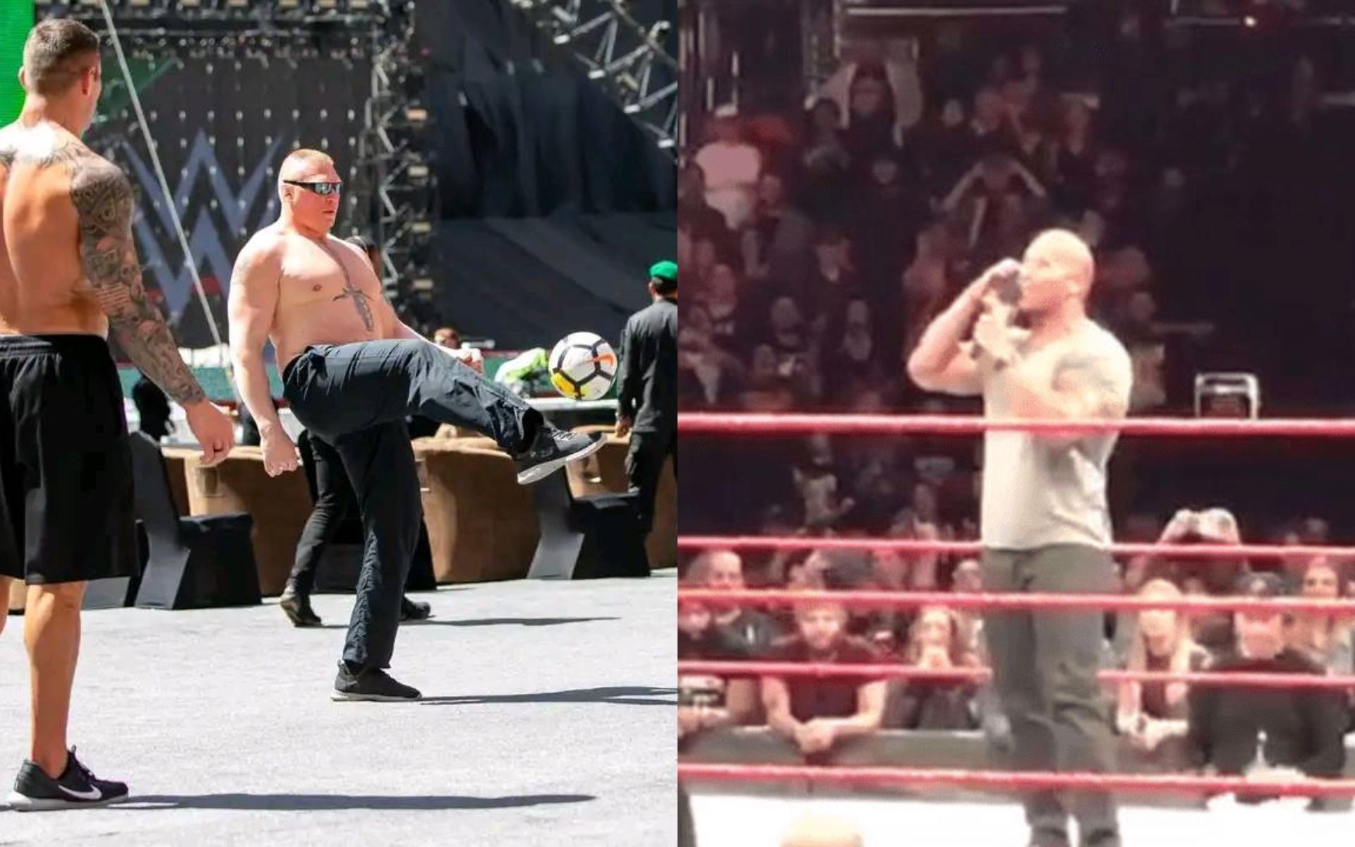 Brock Lesnar playing football (L); The Rock calls CM Punk (R).