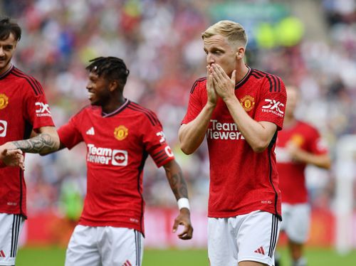 Van de Beek (right) has endured a nightmarish spell at Old Trafford.