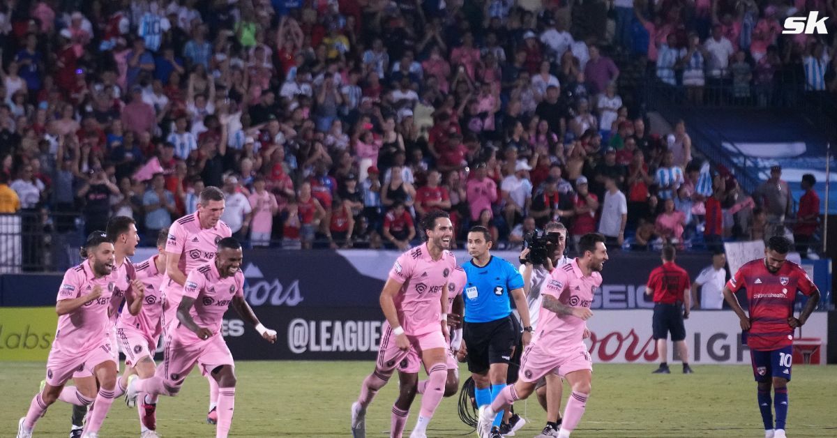 Inter Miami players celebrate their Leagues Cup 2023 win over FC Dallas.