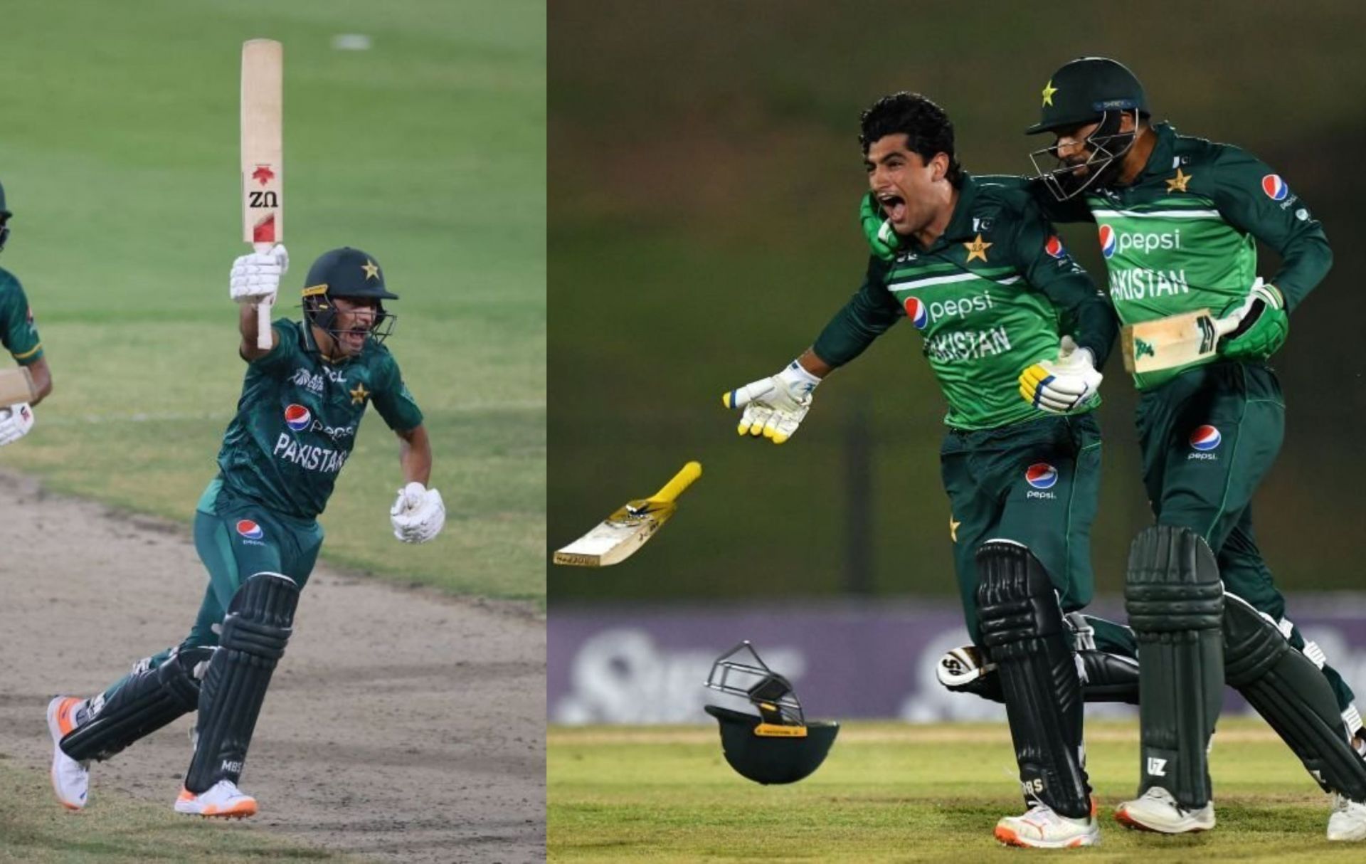 Naseem Shah celebrates after winning the game for Pakistan on Thursday. 