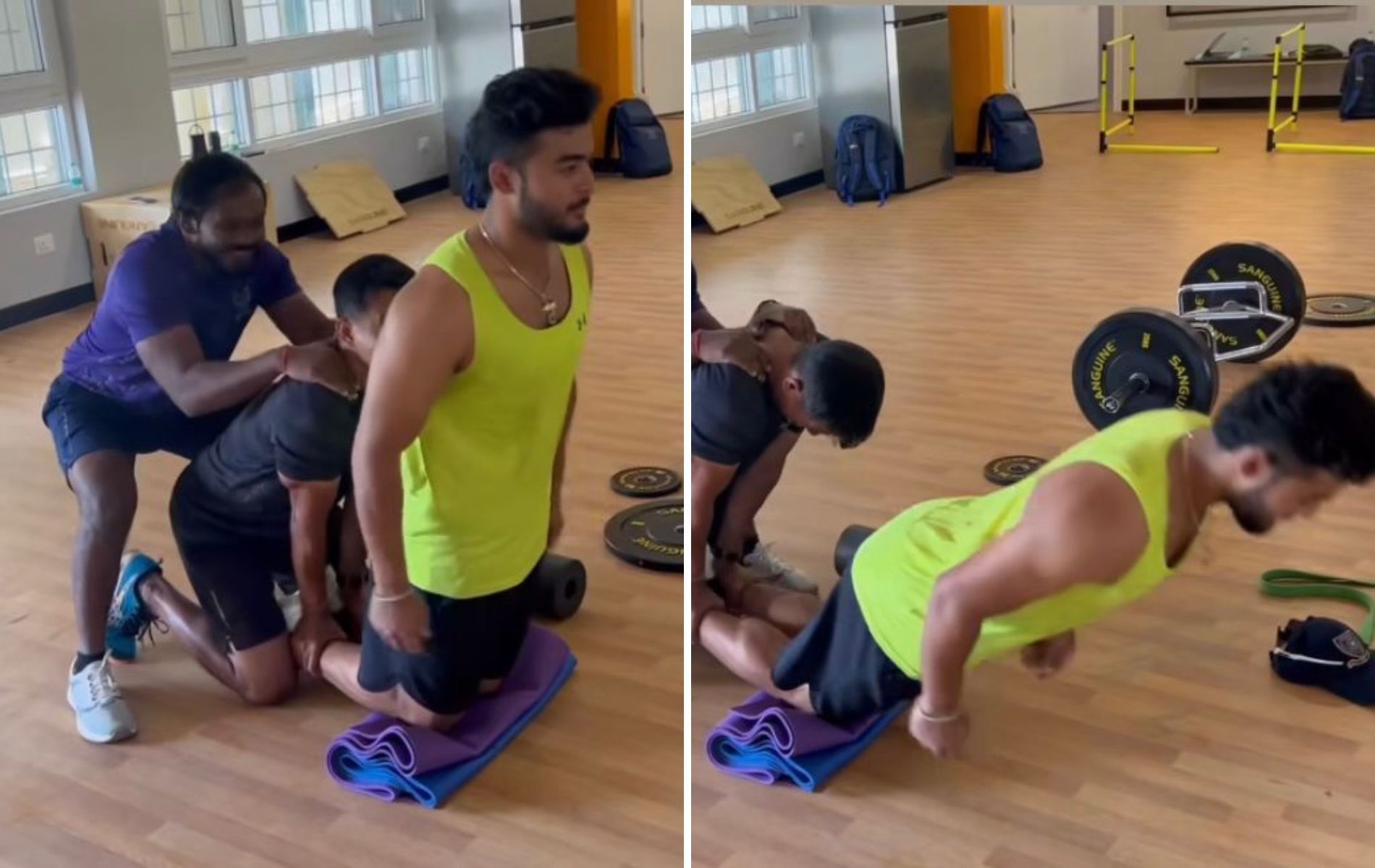 Riyan Parag (R) performing Nordic hamstring curls. (Pics: Instagram)