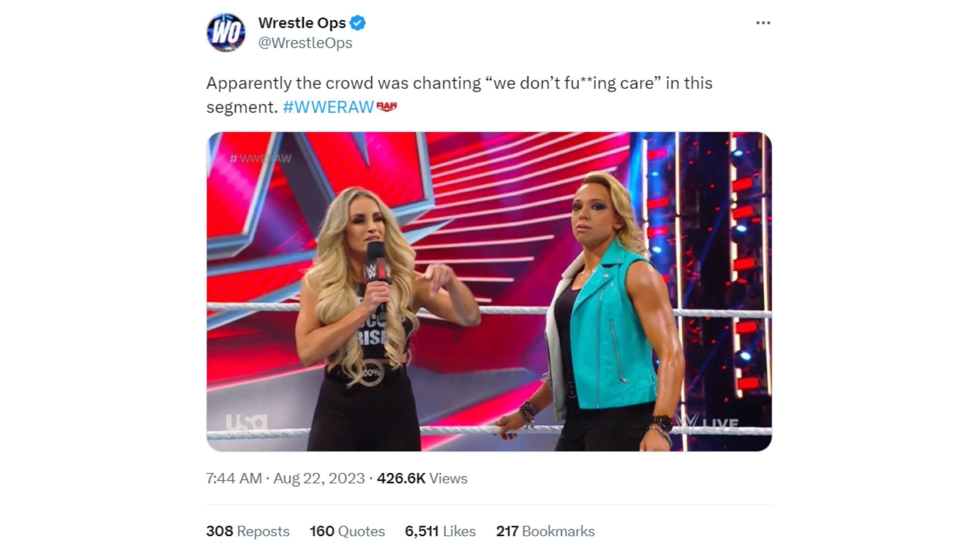 Wrestle Ops tweet covering the fan&#039;s reaction to the segment