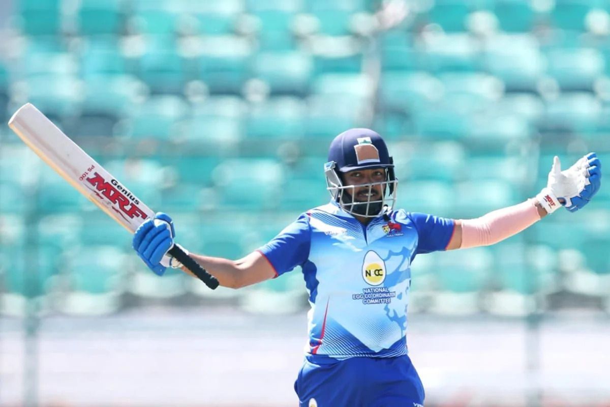 Prithvi Shaw raising his bat after a double century for Mumbai [Getty Images]