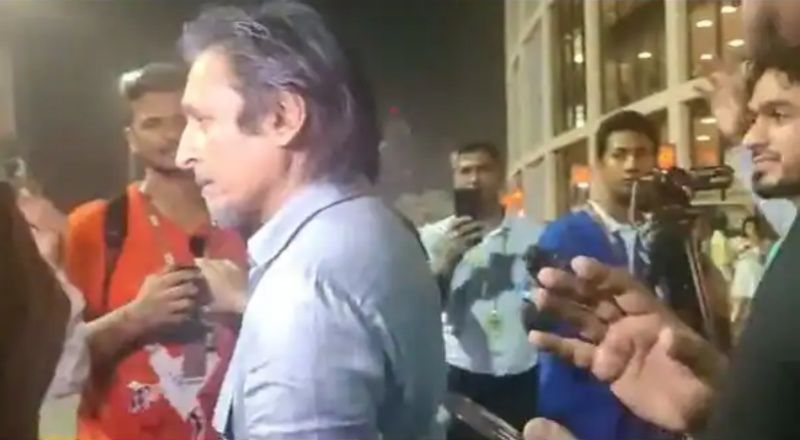 A screengrab from the incident featuring Ramiz Raja&rsquo;s argument with an Indian journalist.