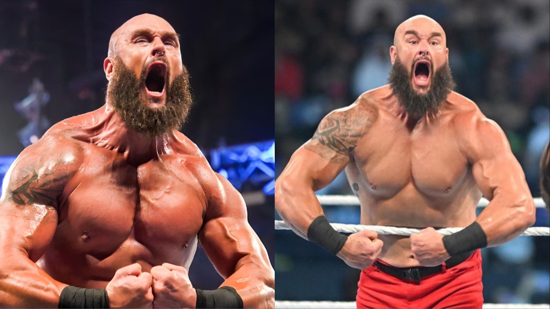 Braun Strowman flexes his muscles at a WWE event.