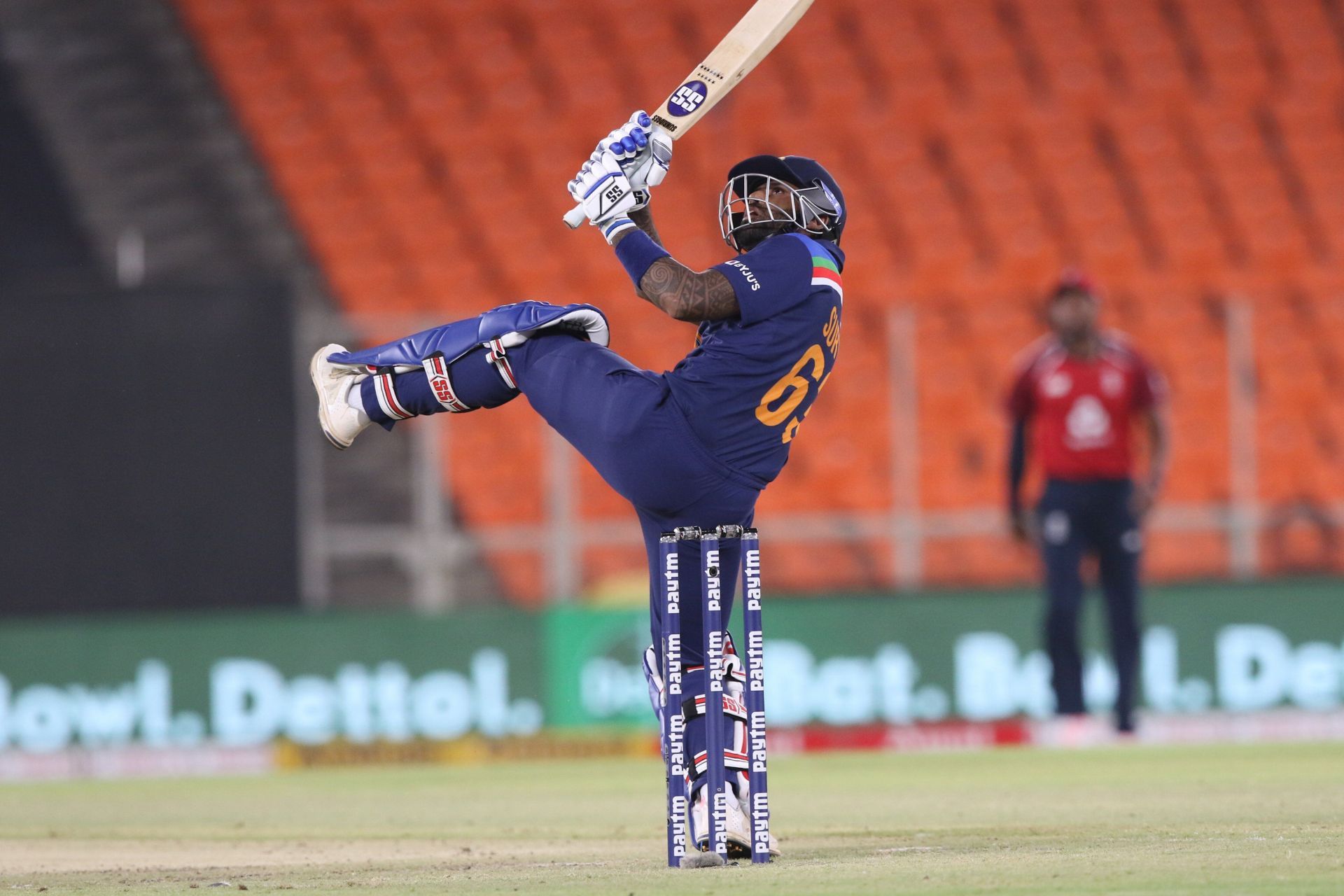 Suryakumar Yadav holds his pose after smashing Jofra Archer for a first-ball six (P.C.:Twitter)