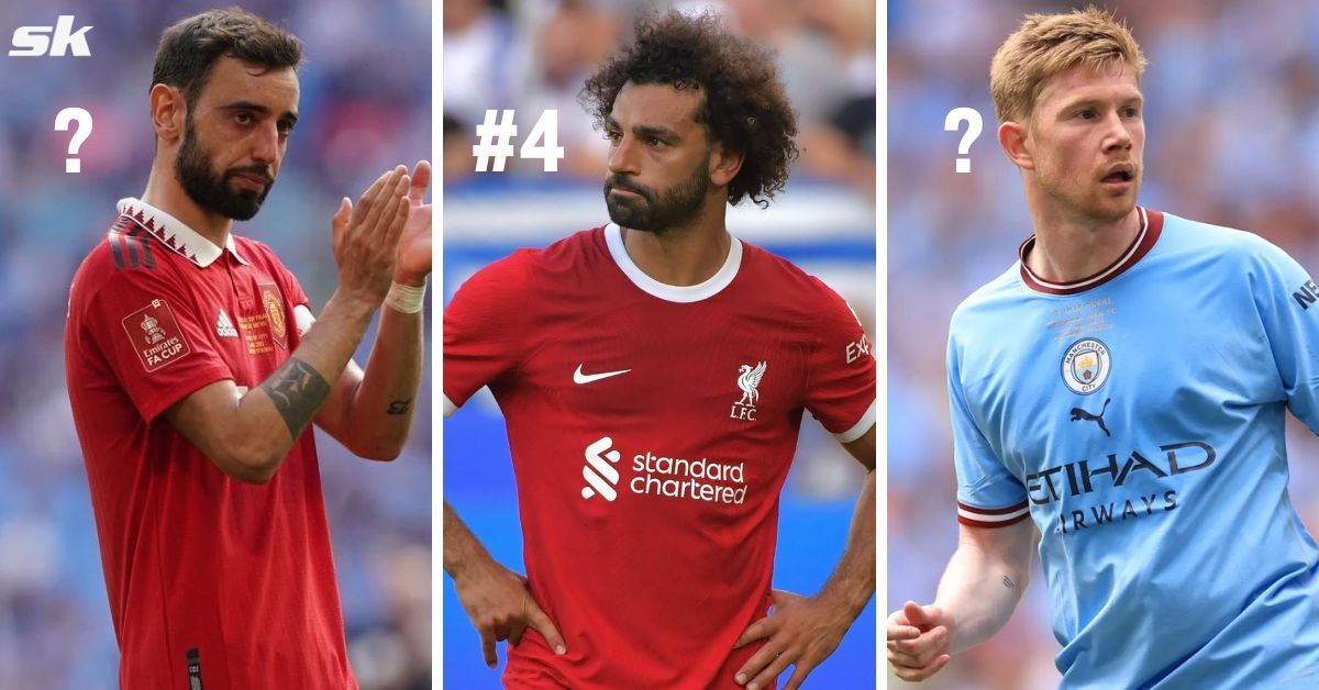 Bruno Fernandes (left), Mohamed Salah(center) and Kevin De Bruyne (right)