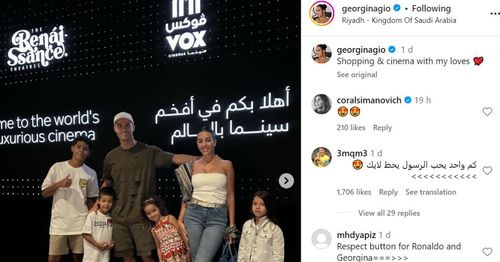 Coral Simanovich's comment under Cristiano Ronaldo's girlfriend Georgina Rodriguez's post