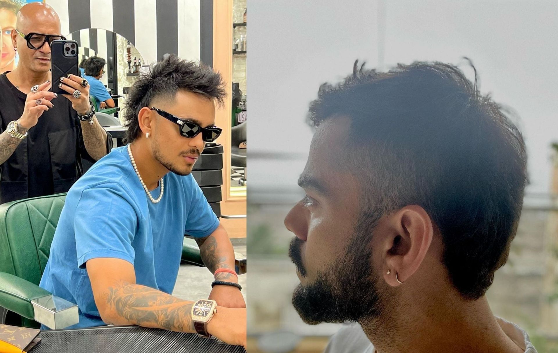Ishan Kishan (l) and Virat Kohli (r) sporting trendy hairstyles.