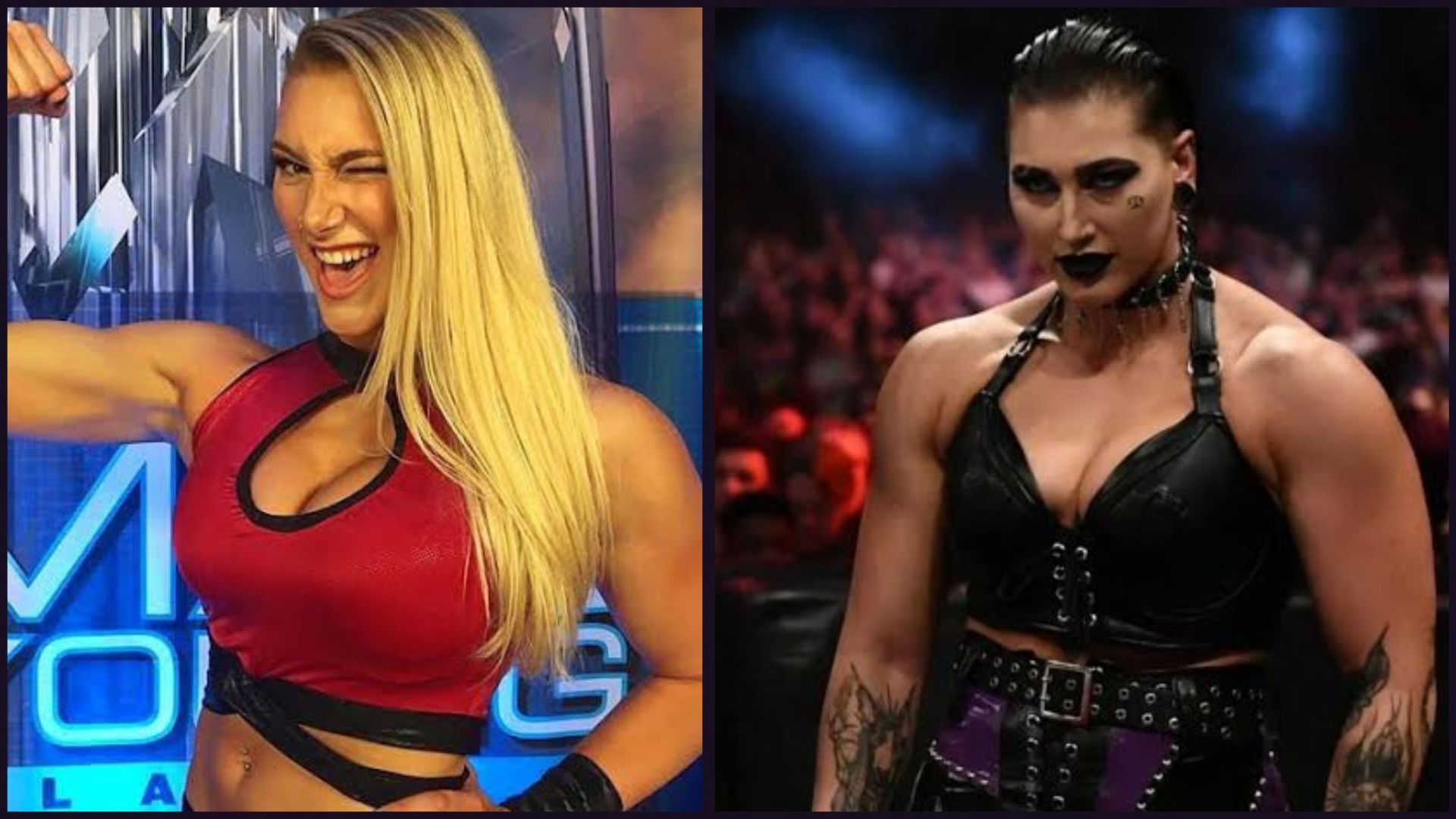 WWE Superstar Rhea Ripley during her early days (L); Rhea Ripley now (R).