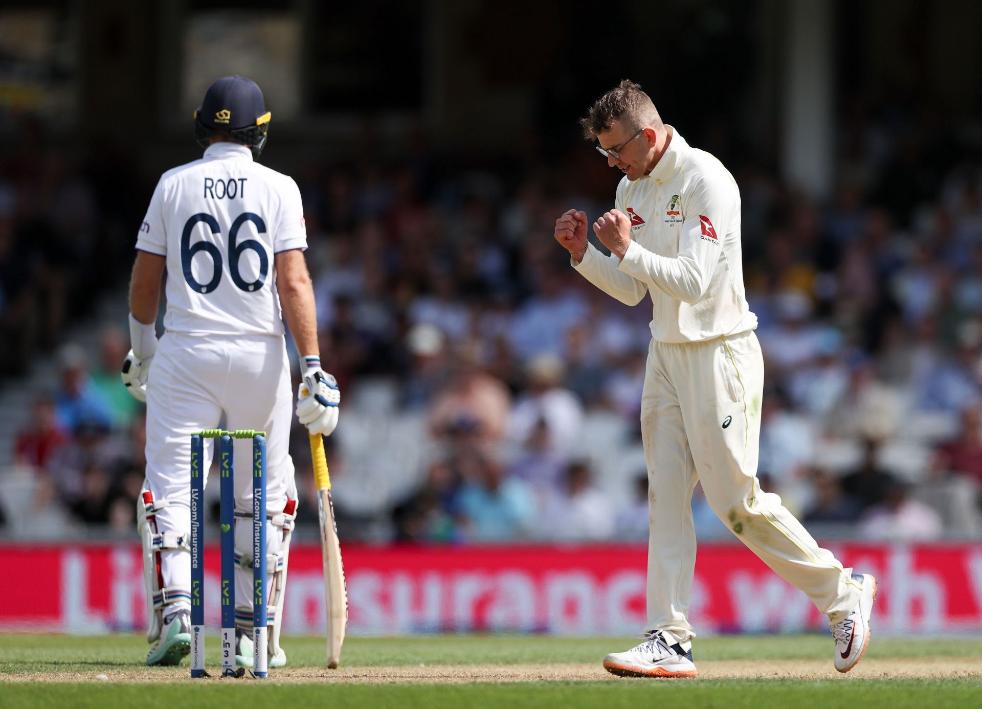 Todd Murphy celebrates as he cleans up Joe Root. (Credits: Getty)