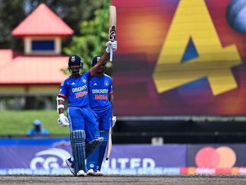 Yashasvi Jaiswal raises his bat after scoring a fifty. (Image Credits: Twitter)