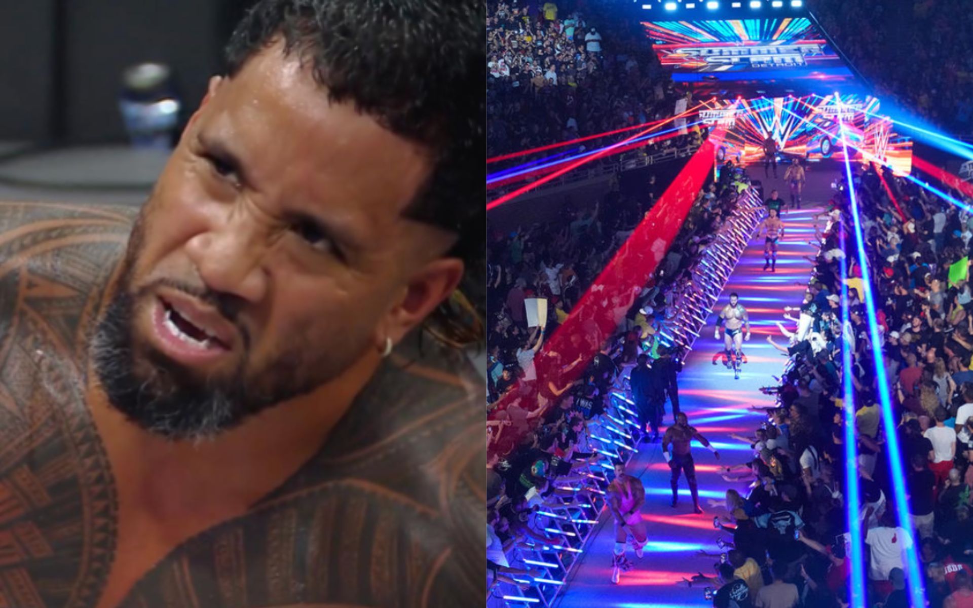 Jey Uso (Left); WWE stars making their entrance for the Battle Royal (Right)