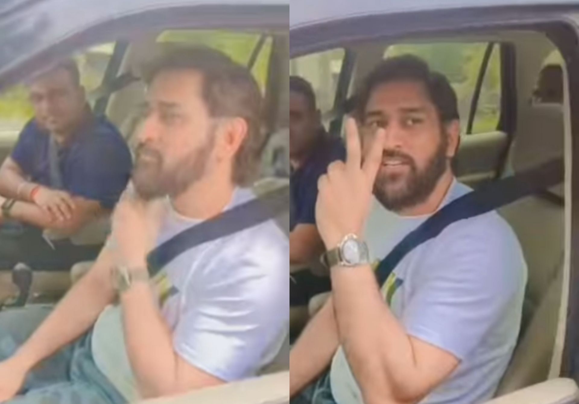 MS Dhoni travelling in a car in his home city. 