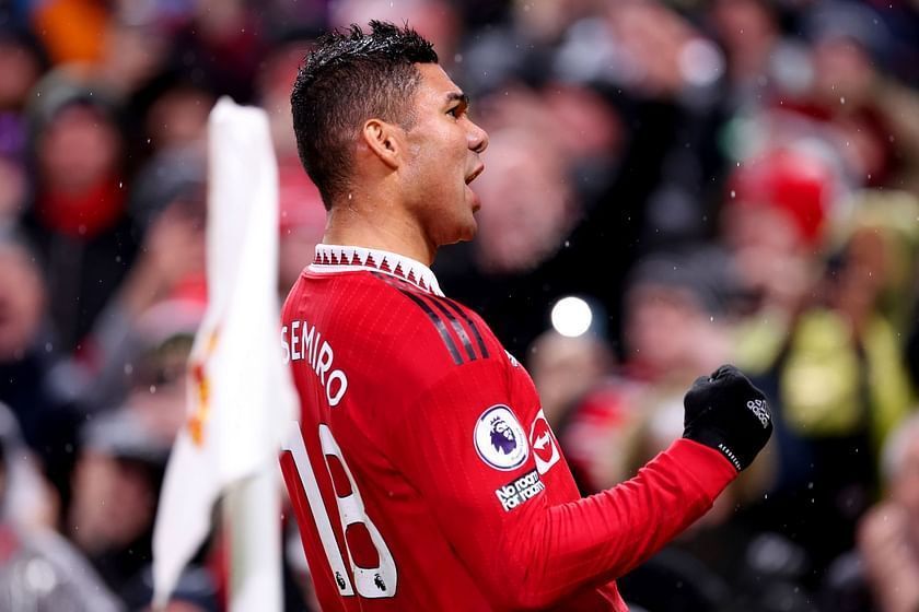 Casemiro celebrating a goal in front of the Old Trafford faithful