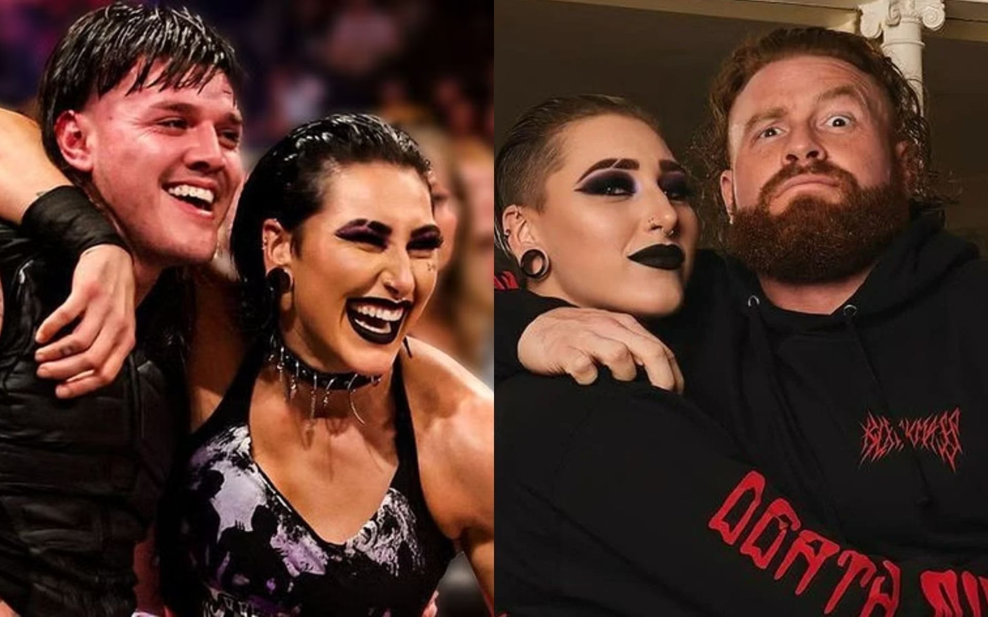 Rhea Ripley with Dominik Mysterio in WWE (L); with Buddy Matthews off screen (R)