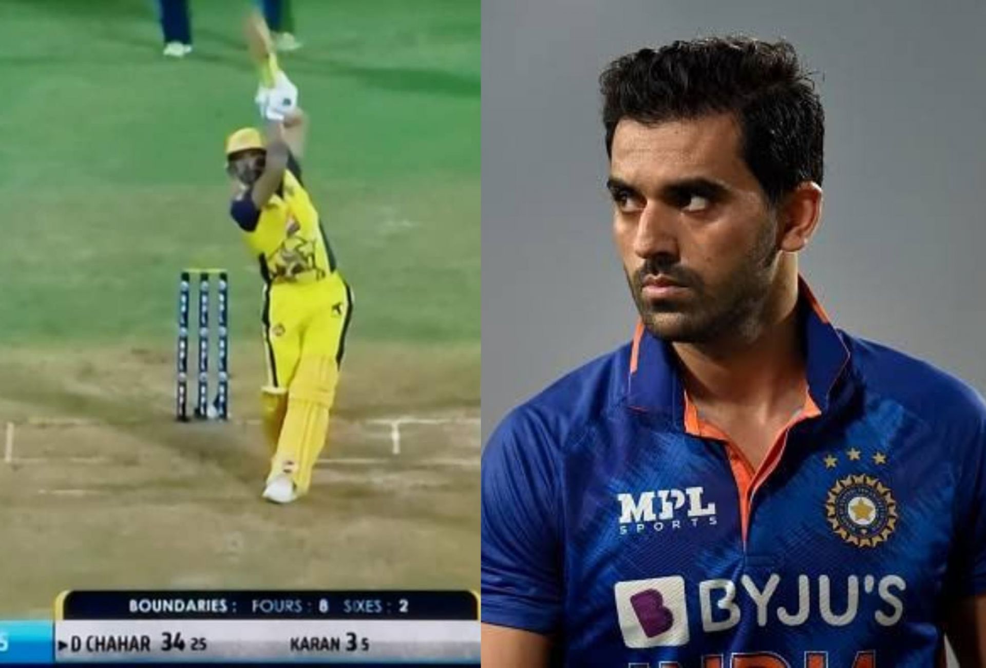 Deepak Chahar batting in the 3rd match of Rajasthan Premier League 2023.