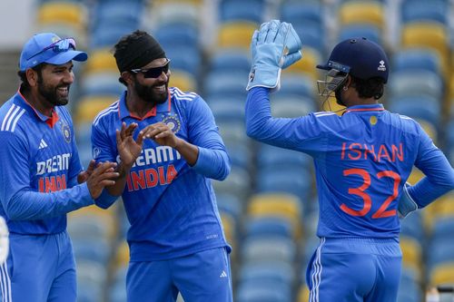 Rohit Sharma with Ravindra Jadeja and Ishan Kishan (Image: Getty)