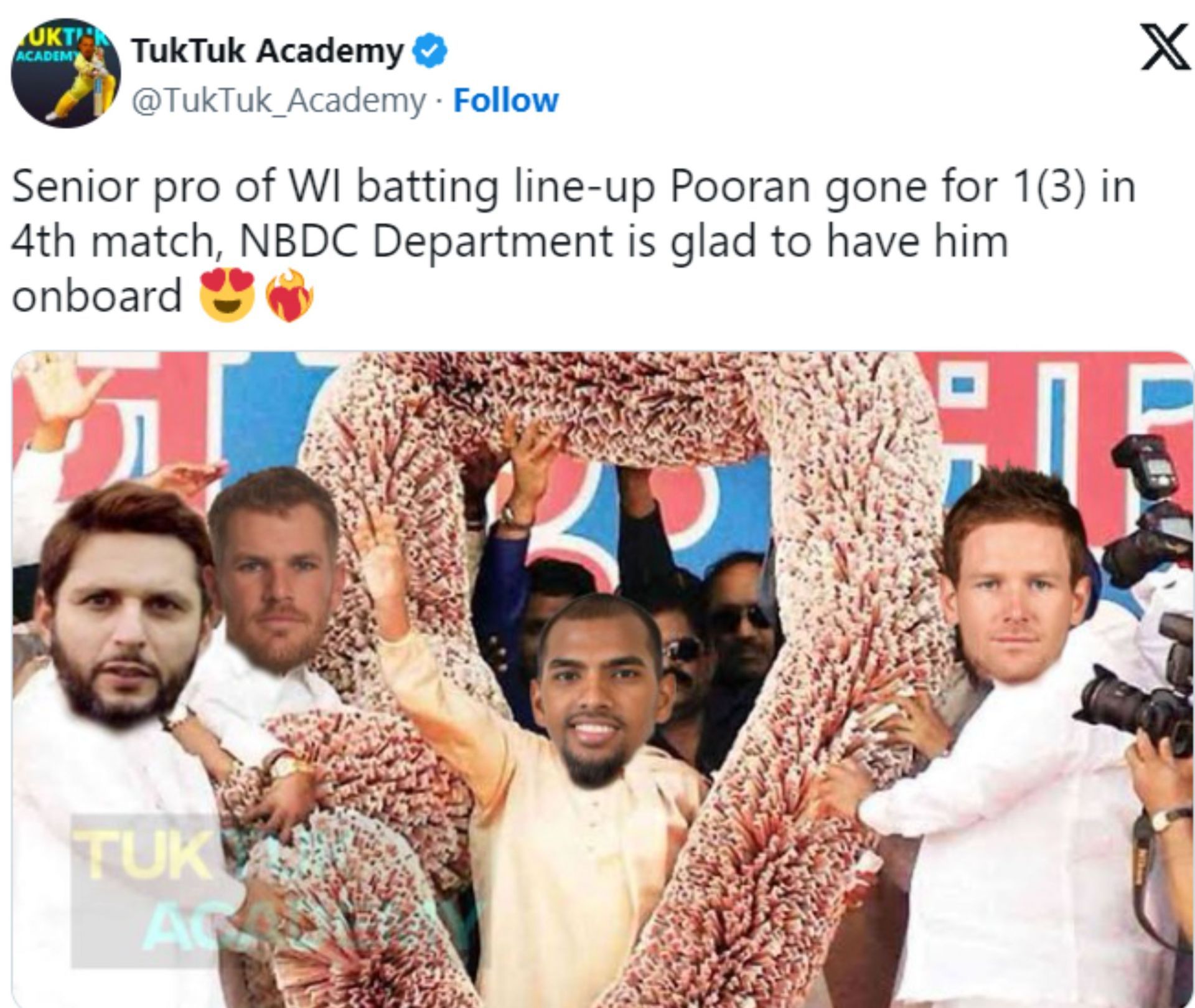 A meme on Pooran&#039;s batting failure in the 4th T20I against India on Saturday in Florida.