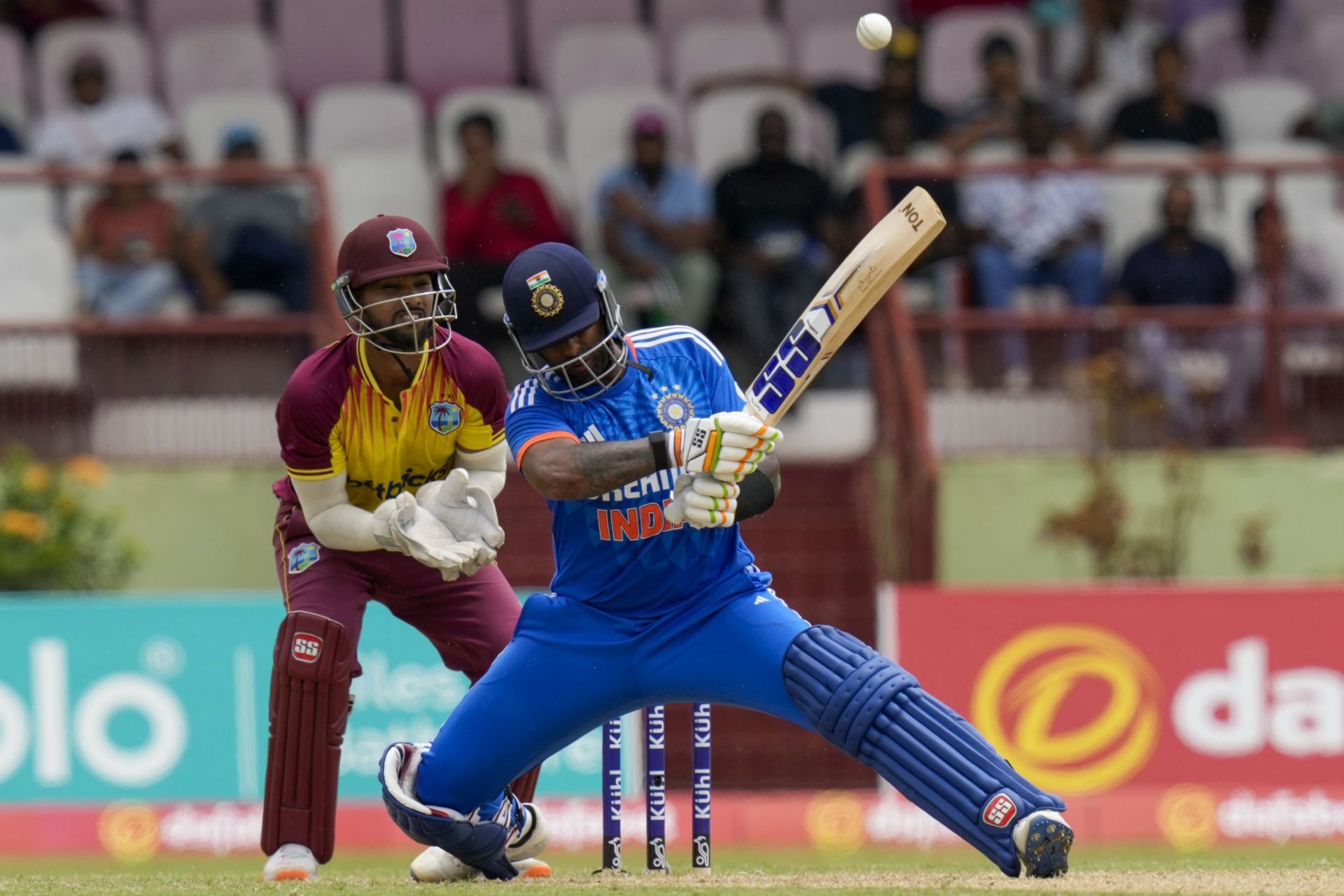 Suryakumar Yadav plays a ramp shot during the T20I series vs West Indies