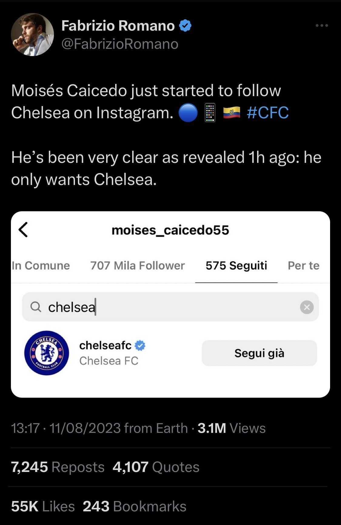 The Brighton midfielder follows the Blues on Instagram.