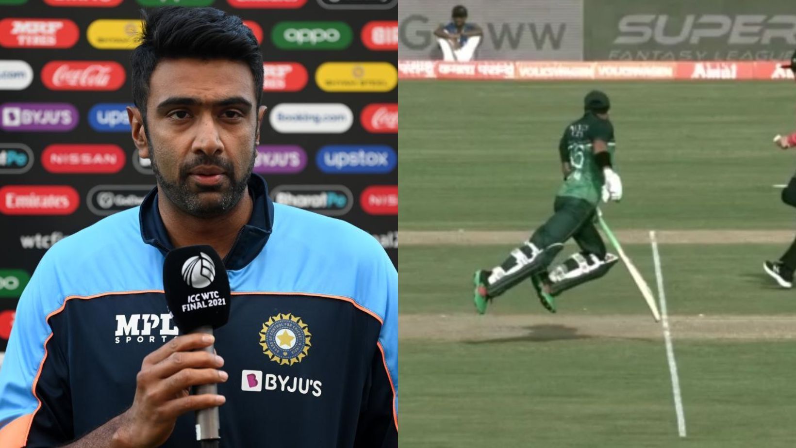 Ravichandran Ashwin (L) comments on Mohammad Rizwan