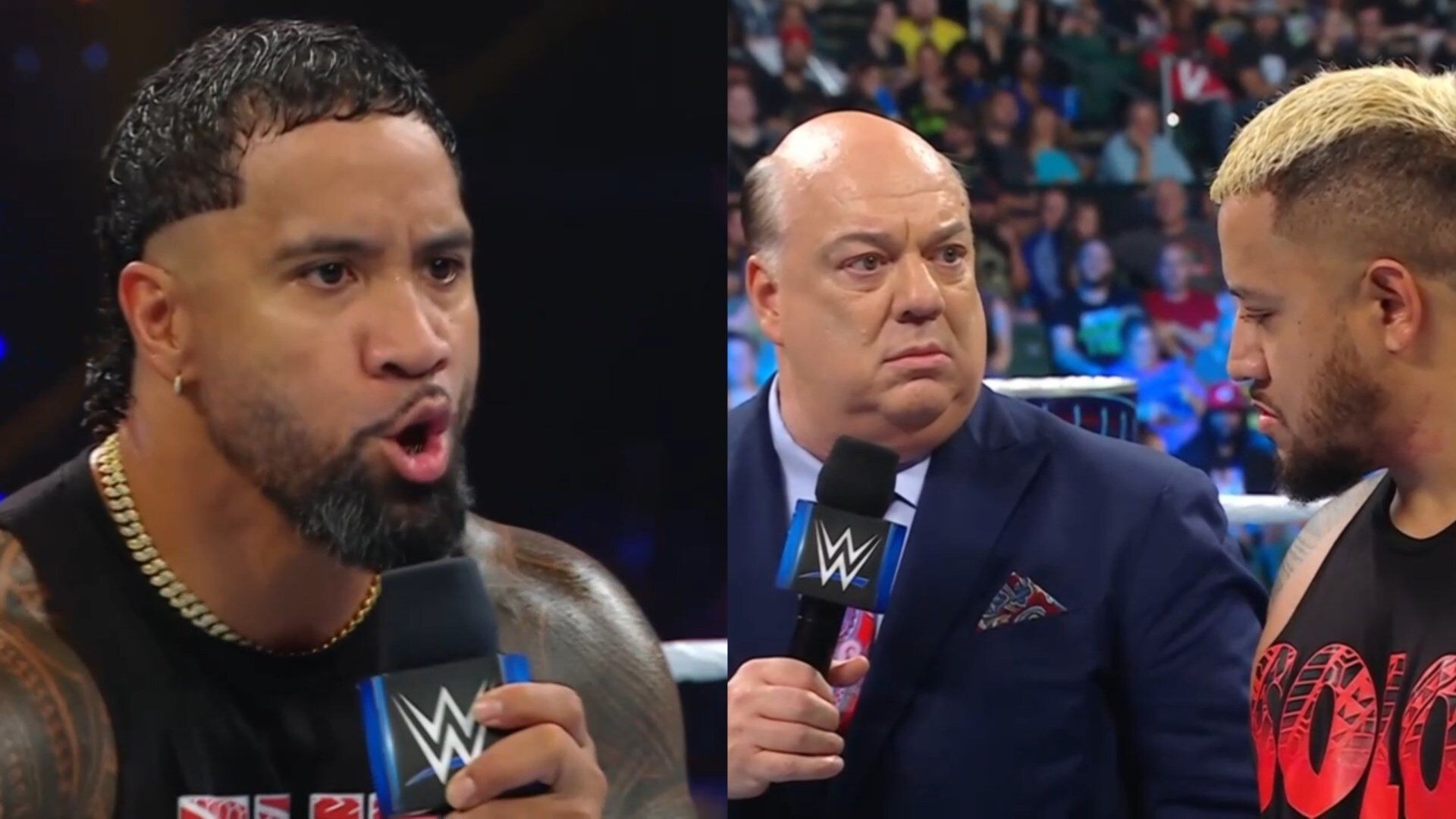 Paul Heyman, Solo Sikoa and Jey Uso on WWE SmackDown.