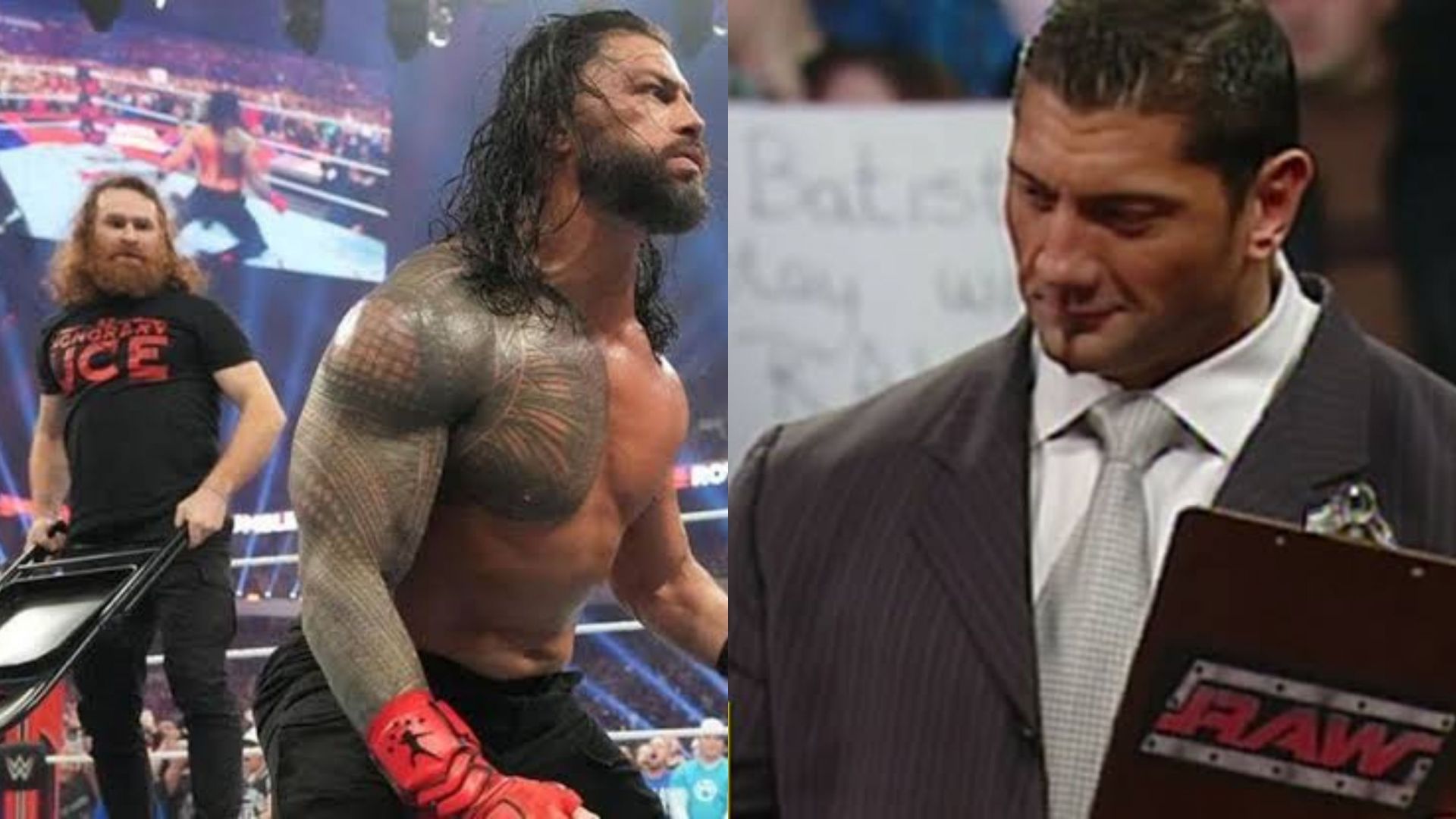 Sami Zayn betrays Roman Reigns (L); Batista turns on Triple H (R).