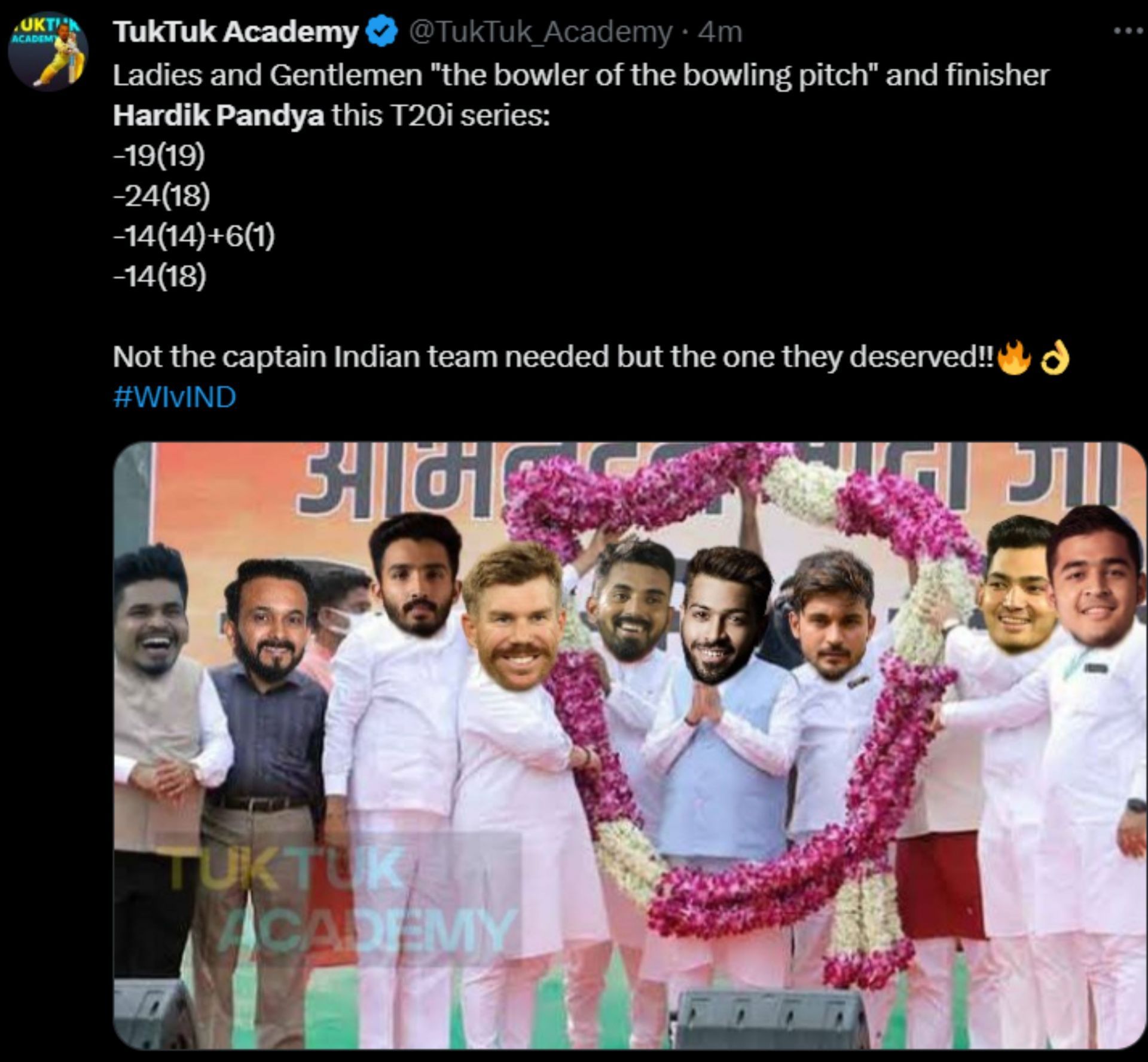 A fan shared a meme after the first innings of the 5th T20I on Sunday.