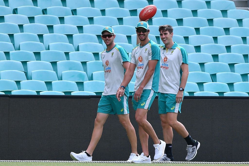 Josh Hazlewood, Mitchell Starc, and Pat Cummins. (Credits: Twitter)