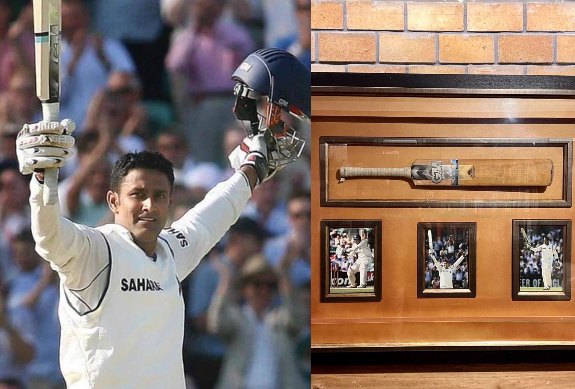 Anil Kumble celebrating his century (left) and his bat (right)