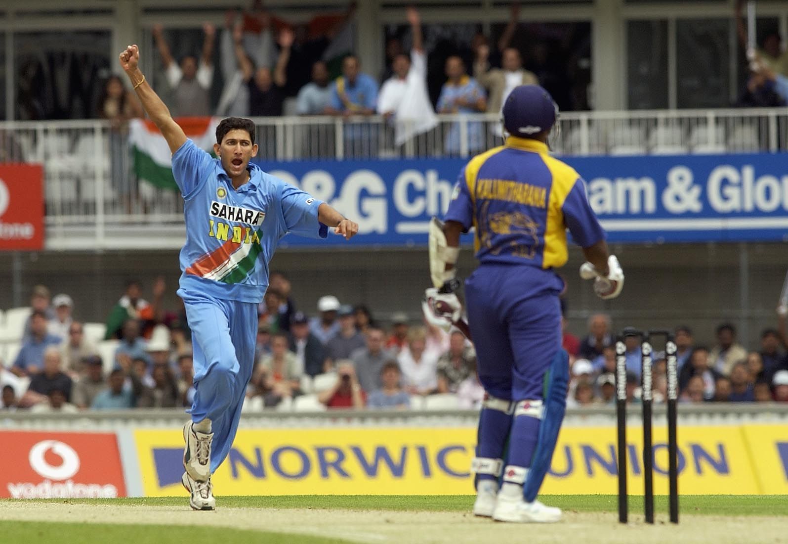 Agarkar celebrates the wicket of Kaluwitharana