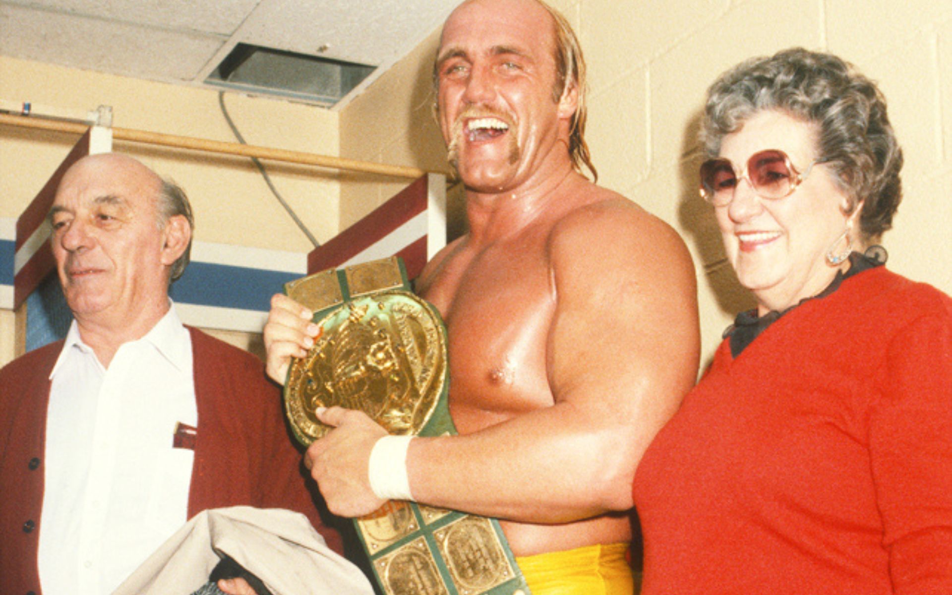 Hulk Hogan after defeating The Iron Shiek for the big green title.