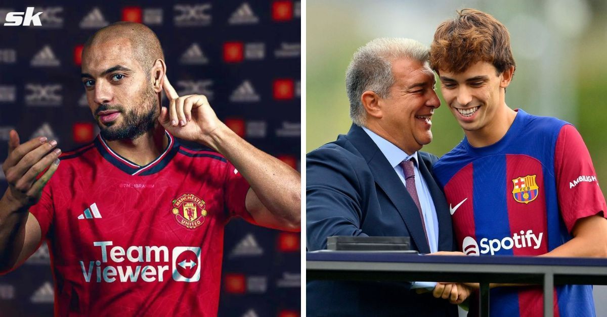 Sofyan Amrabat (left), Joan Laporte and Joao Felix (right)